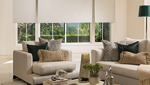 Tan Roller Shades in quaint living room